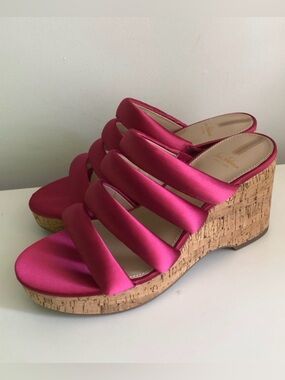 Sam Edelman Yuki Platform Wedge Sandals Hot Pink Satin Cork Heel Size 6 NWT NIB
